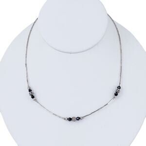 Southwest Black Crystal Liquid Silver Bead Necklace | Estate Sterling 925 | 16"